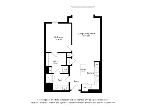 Floor plan for 1 bed, 1 bath, 742 sqft